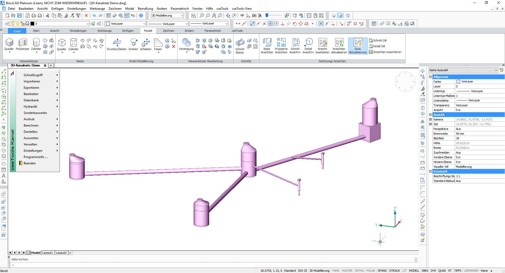 Kanalnetz in 3D mit den cseTools unter BricsCAD